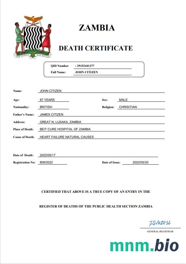 Zambia rekord życiowy śmierć certyfikat Word i PDF szablon